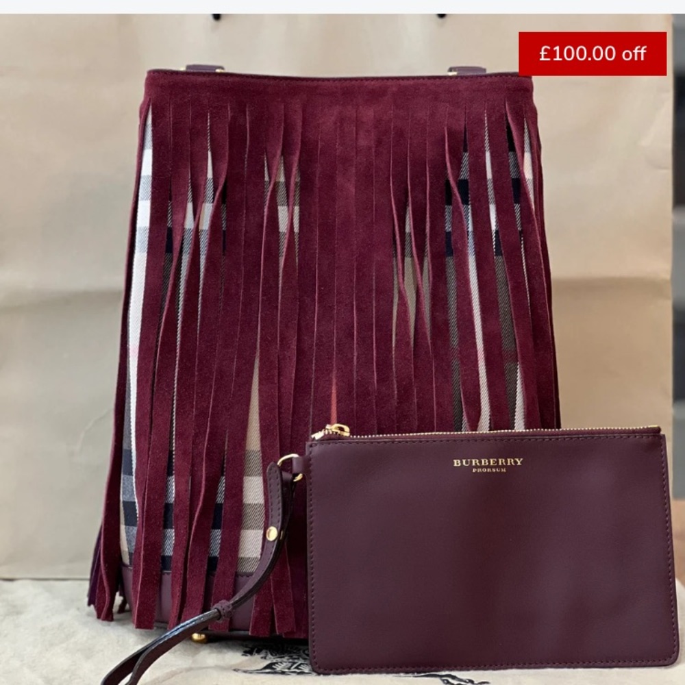 BURBERRY PRORSUM FRINGED BURGUNDY LEATHER AND TARTAN CANVAS Bag